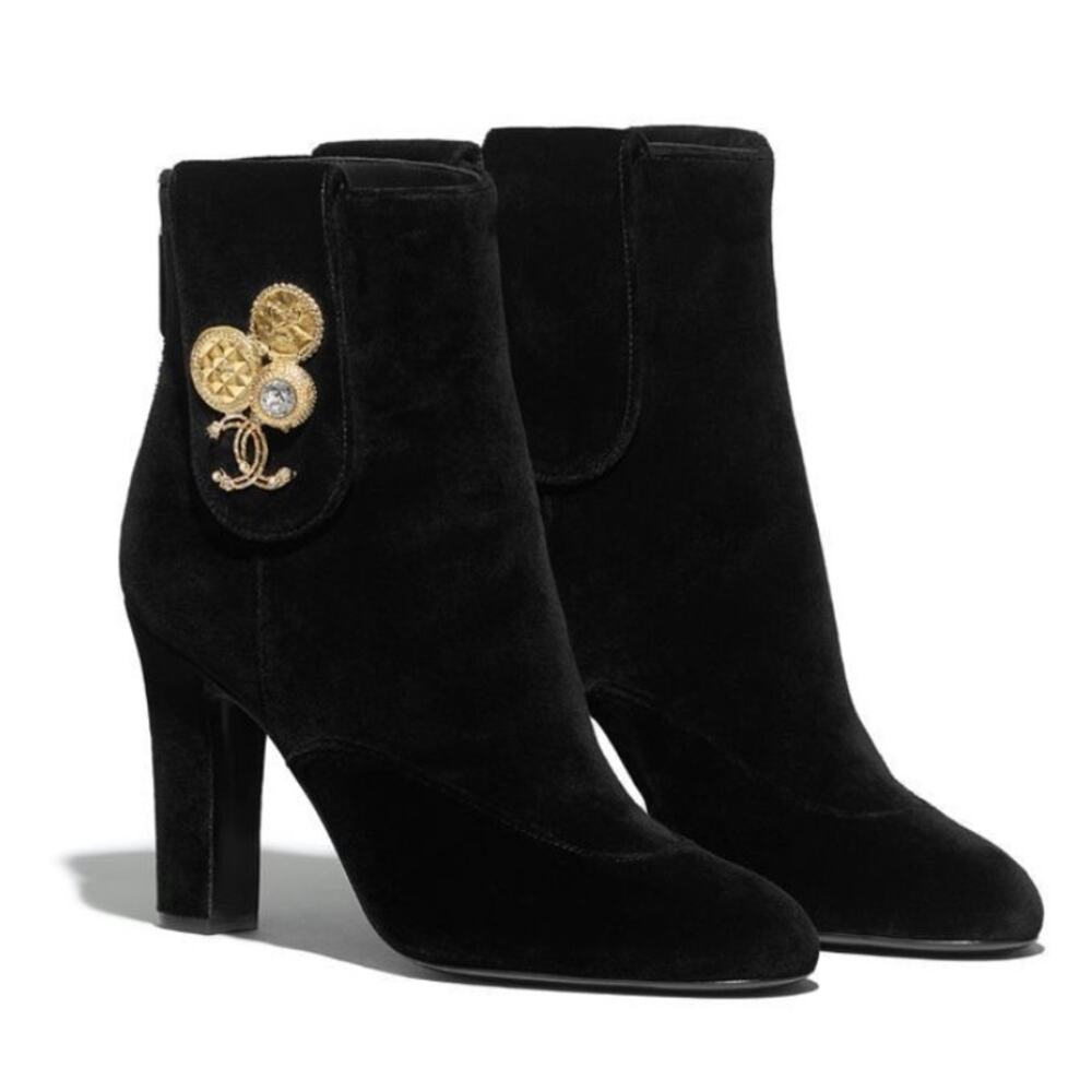 CHANEL Black Velvet Ankle Boots with Gold CC Medallion - Picture 1 of 16